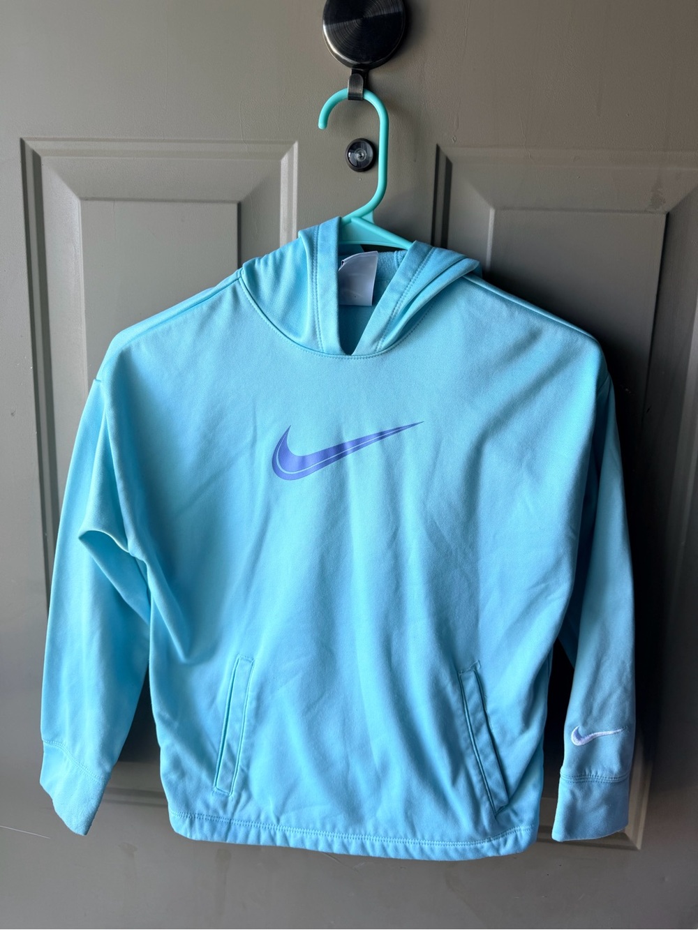 Girls Nike Aqua Hoodie with Purple Swoosh